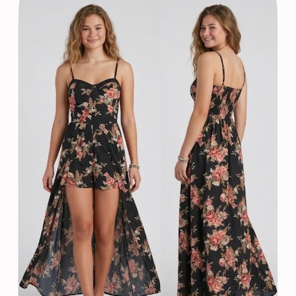 Band of Gypsies Black Floral Maxi Dress Small Sweetheart Neck High Slit Boho